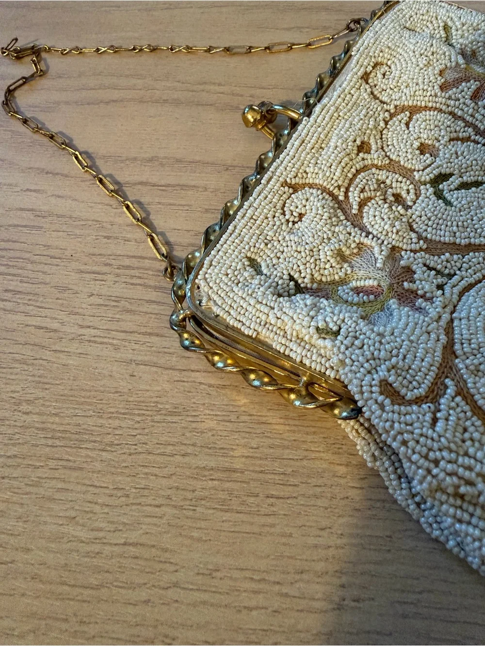 Vintage Longchamp Cream Beaded Floral Evening Clutch with Gold Chain